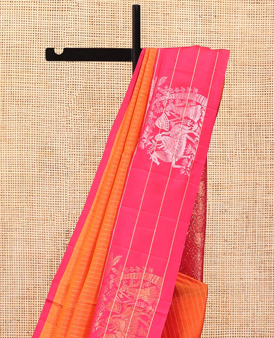 Orange Mayuri Lite Silk Mix Saree, Subtly Woven with Muthu Stripes on Its Body, Complemented by a Contrast Border of Human Figurines, Intricately Designed Pallu, and Paired with a Contrast Blouse