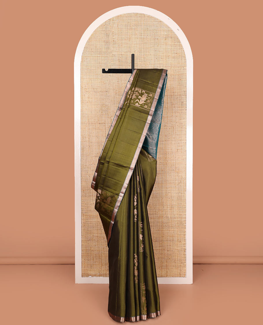 Olive green bird and floral buttas zari woven soft silk saree, contrast kuyil kann border, and jaal pallu