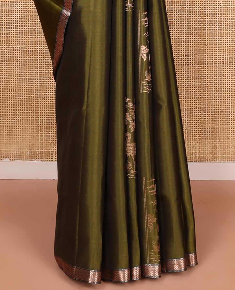 Olive green bird and floral buttas zari woven soft silk saree, contrast kuyil kann border, and jaal pallu