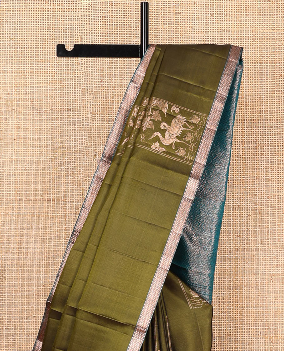 Olive green bird and floral buttas zari woven soft silk saree, contrast kuyil kann border, and jaal pallu