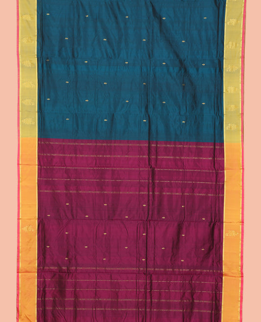 Blue Zari Buttas Nine-Yard Saree, Complemented by a Contrast Border, Self-Pallu of Buttas and Stripes, and No Blouse