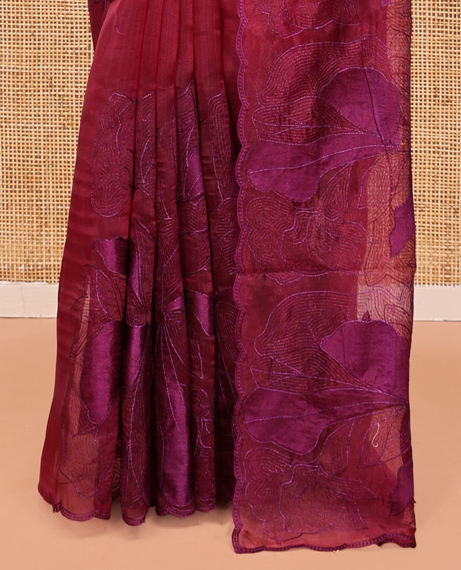 Magenta Organza Saree, Masterfully Woven with Floral Thread Embroidery, a Scalloped Border, and a Matching Blouse