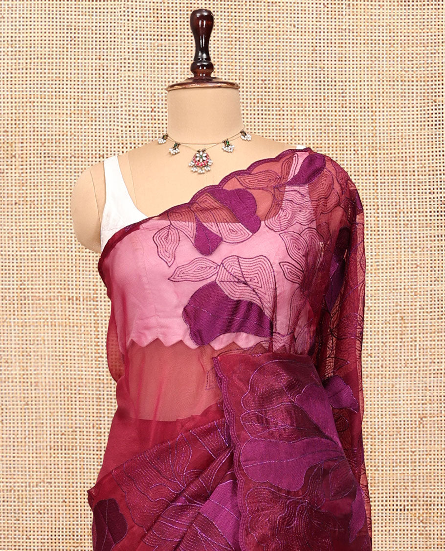Magenta Organza Saree, Masterfully Woven with Floral Thread Embroidery, a Scalloped Border, and a Matching Blouse