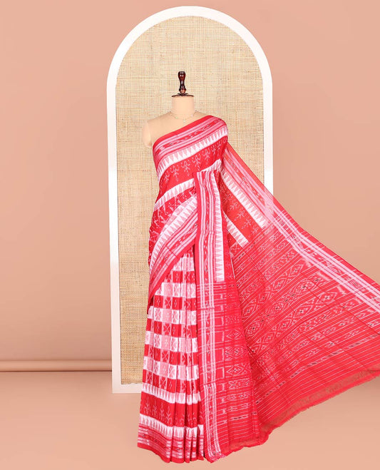 Pink Odisha Cotton Saree, Adorned with Butta Enclosed Checks and Temple Designs All Over the Body, Subtly Woven Border, Pallu Depicts Geometric Patterns, and Has No Blouse