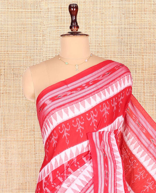 Pink Odisha Cotton Saree, Adorned with Butta Enclosed Checks and Temple Designs All Over the Body, Subtly Woven Border, Pallu Depicts Geometric Patterns, and Has No Blouse