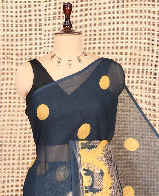 Navy Blue Linen Cotton Saree Features Polka Dots, a Contrast One-sided Elephant Motif Border, Elephant Motif Pallu, Contrast Blouse