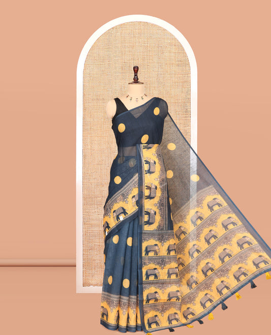 Navy Blue Linen Cotton Saree Features Polka Dots, a Contrast One-sided Elephant Motif Border, Elephant Motif Pallu, Contrast Blouse