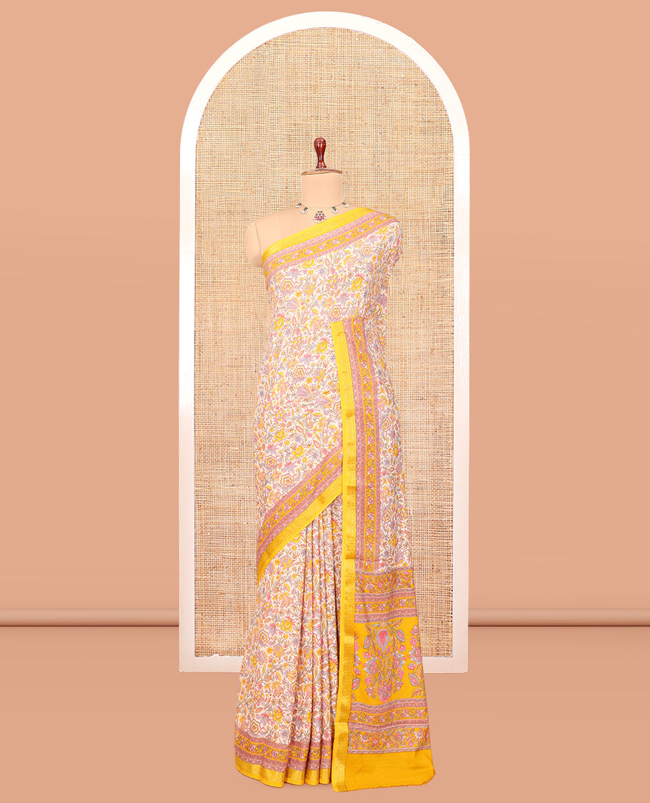 Off-White Floral-Vine Printed Silk Saree, a Contrast Traditional Border, Floral Pallu, Contrast Blouse