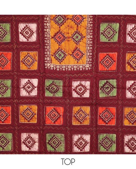 Maroon chudidhar material set, batik & shibori print with thread work rayon top, printed bottom, & chanderi silk dupatta