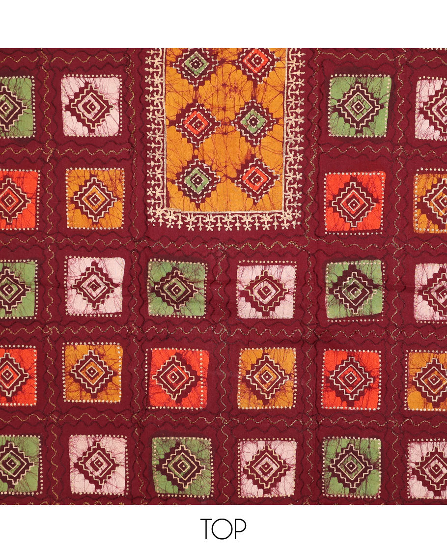 Maroon chudidhar material set, batik & shibori print with thread work rayon top, printed bottom, & chanderi silk dupatta