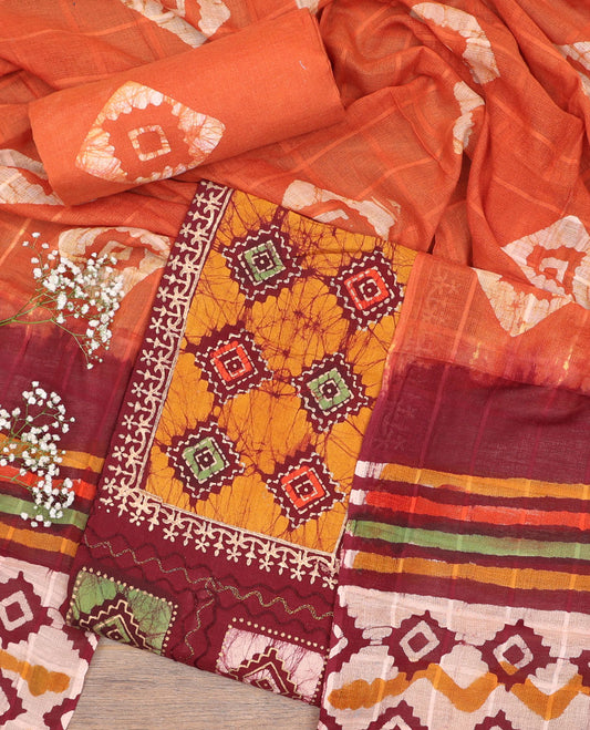 Maroon chudidhar material set, batik & shibori print with thread work rayon top, printed bottom, & chanderi silk dupatta