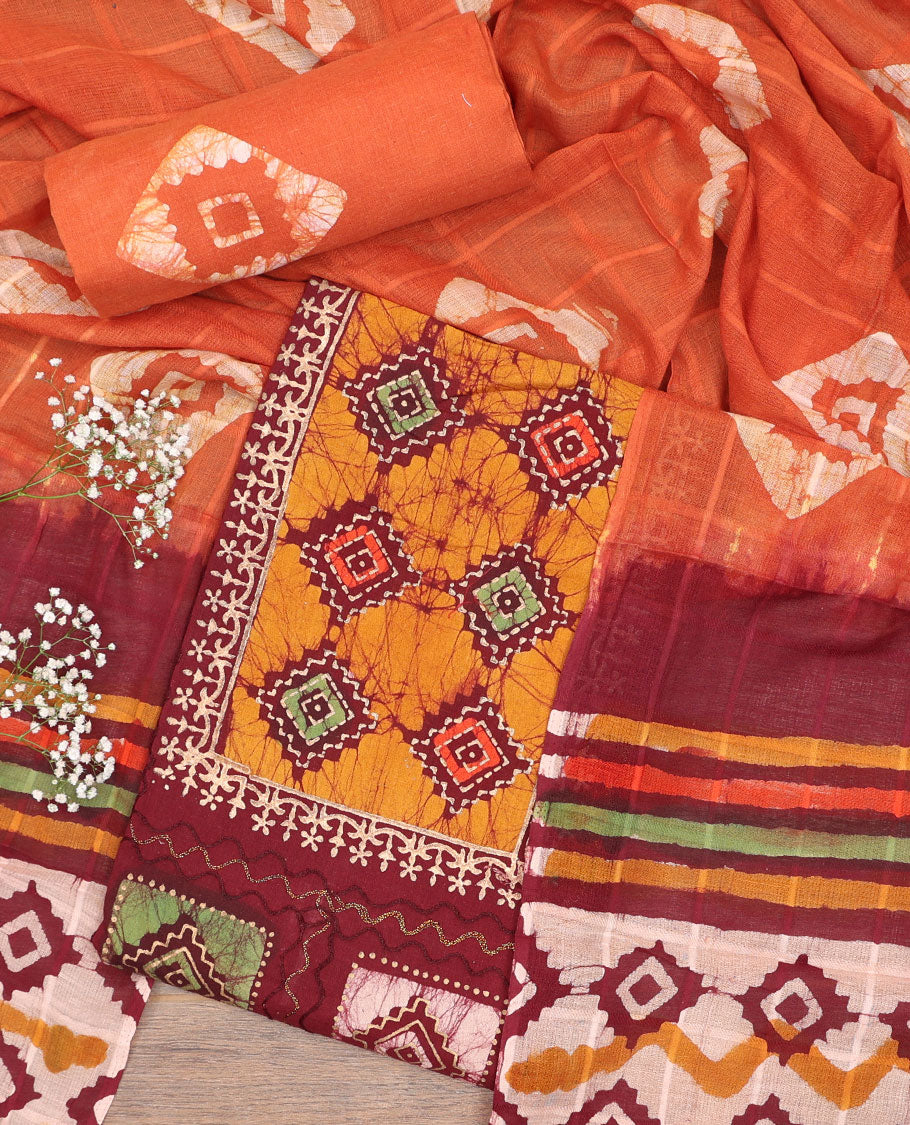 Maroon chudidhar material set, batik & shibori print with thread work rayon top, printed bottom, & chanderi silk dupatta
