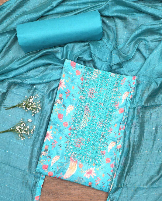 Blue material churidar set, floral-bird print, cut work and neck embroidered cotton top, plain cotton bottom, and sequins striped chanderi dupatta