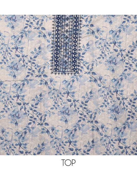 White and blue material chudidar set, floral print, cut work and embroidered top, contrast plain bottom, and sequins striped dupatta