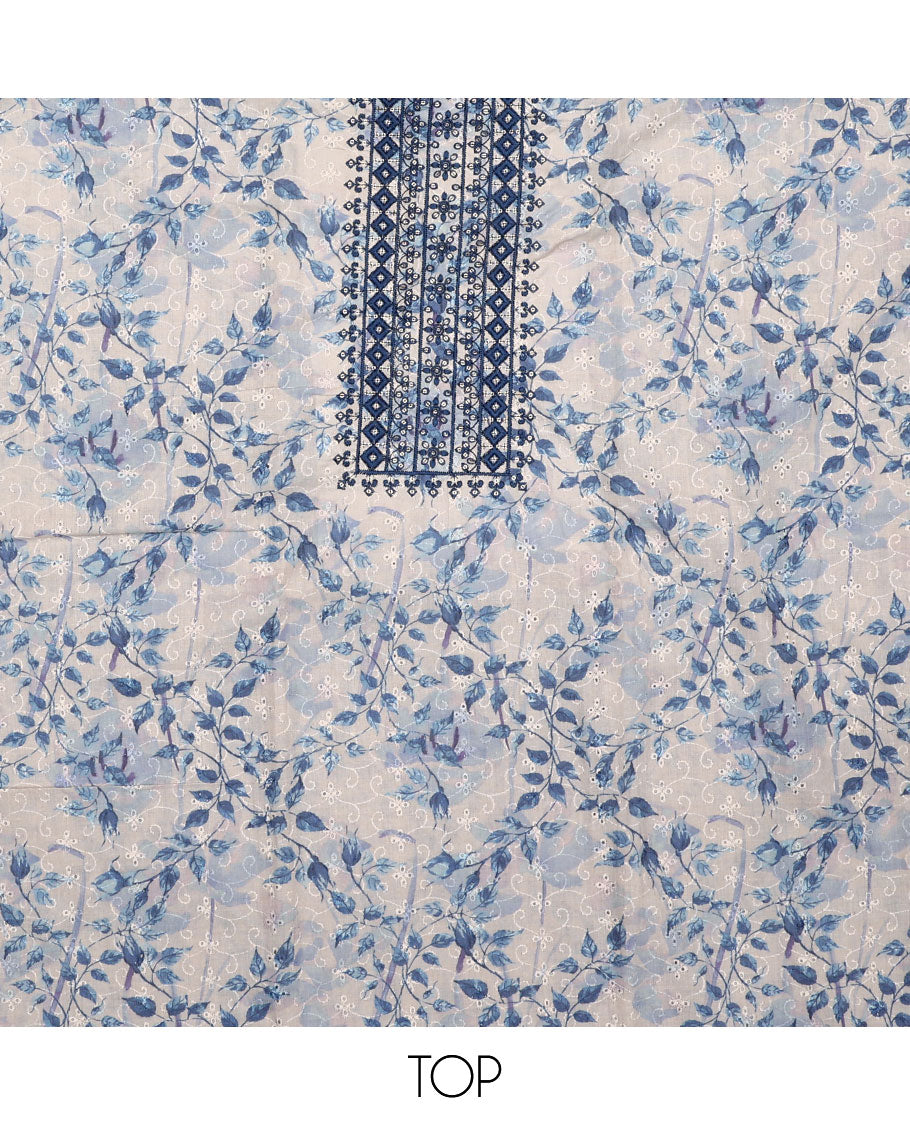 White and blue material chudidar set, floral print, cut work and embroidered top, contrast plain bottom, and sequins striped dupatta