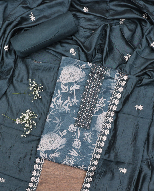 Blue Material Chudidar Set, Prettified with Floral Print and Embroidery on Cotton Top, a Plain Bottom, and Paired with a Floral Embroidered Scallop Dupatta