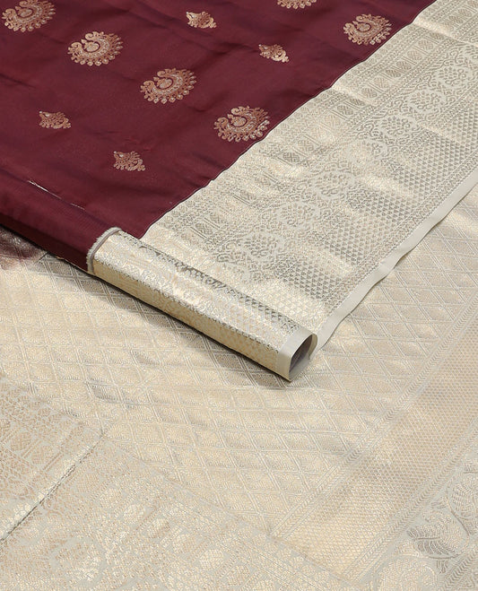 Maroon buttas vasundhara elite silk saree with self intricate zari design border & checked floral design pallu