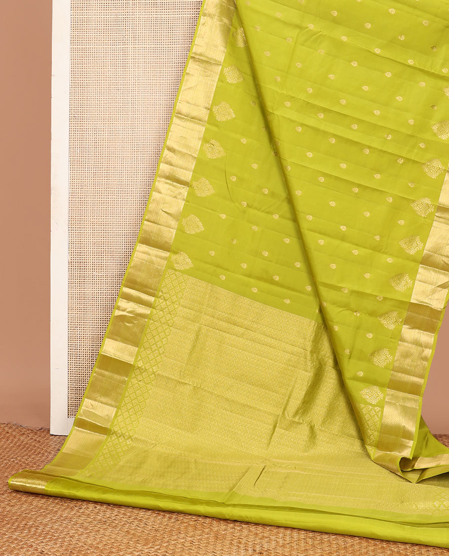 Light green zari buttas Vasundhara silk mix saree, traditional zari border & butta enclosed checked pallu