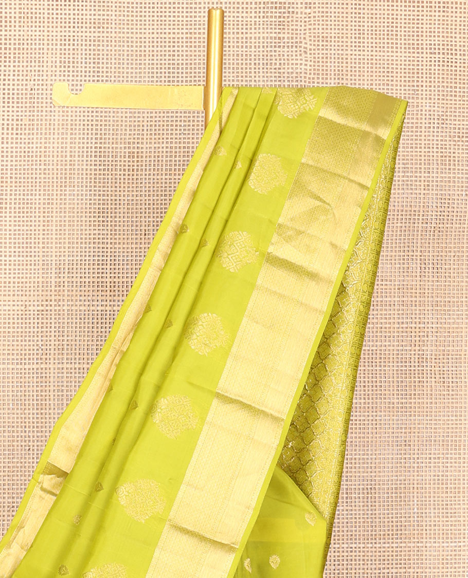 Light green zari buttas Vasundhara silk mix saree, traditional zari border & butta enclosed checked pallu