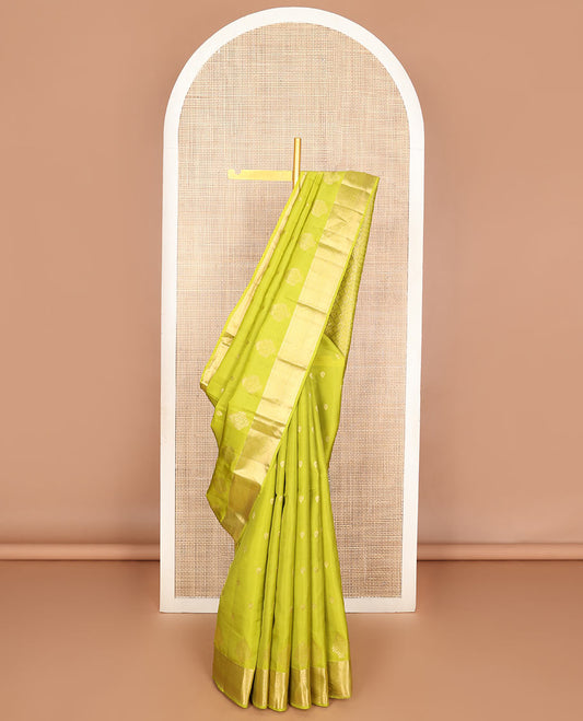 Light green zari buttas Vasundhara silk mix saree, traditional zari border & butta enclosed checked pallu