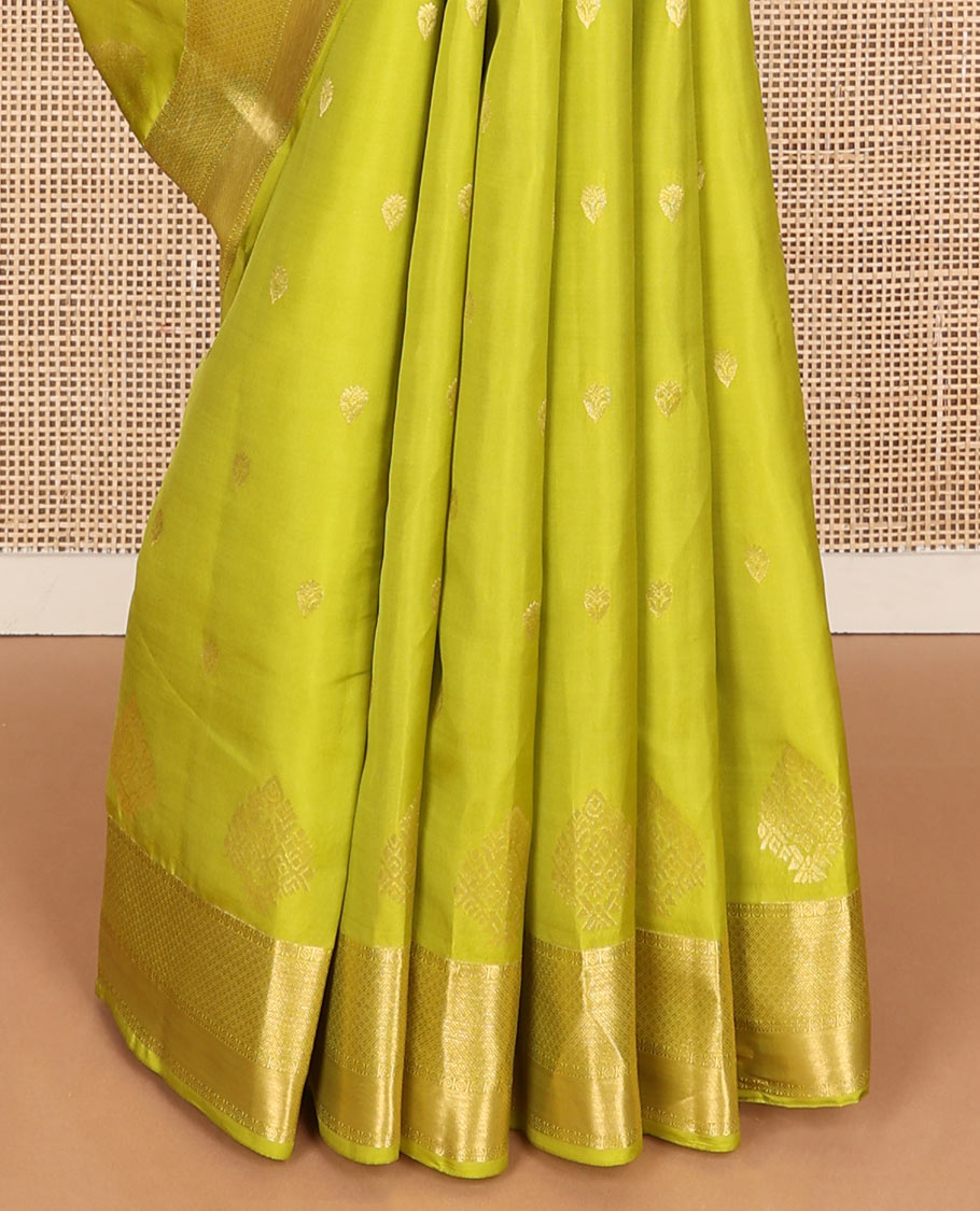 Light green zari buttas Vasundhara silk mix saree, traditional zari border & butta enclosed checked pallu
