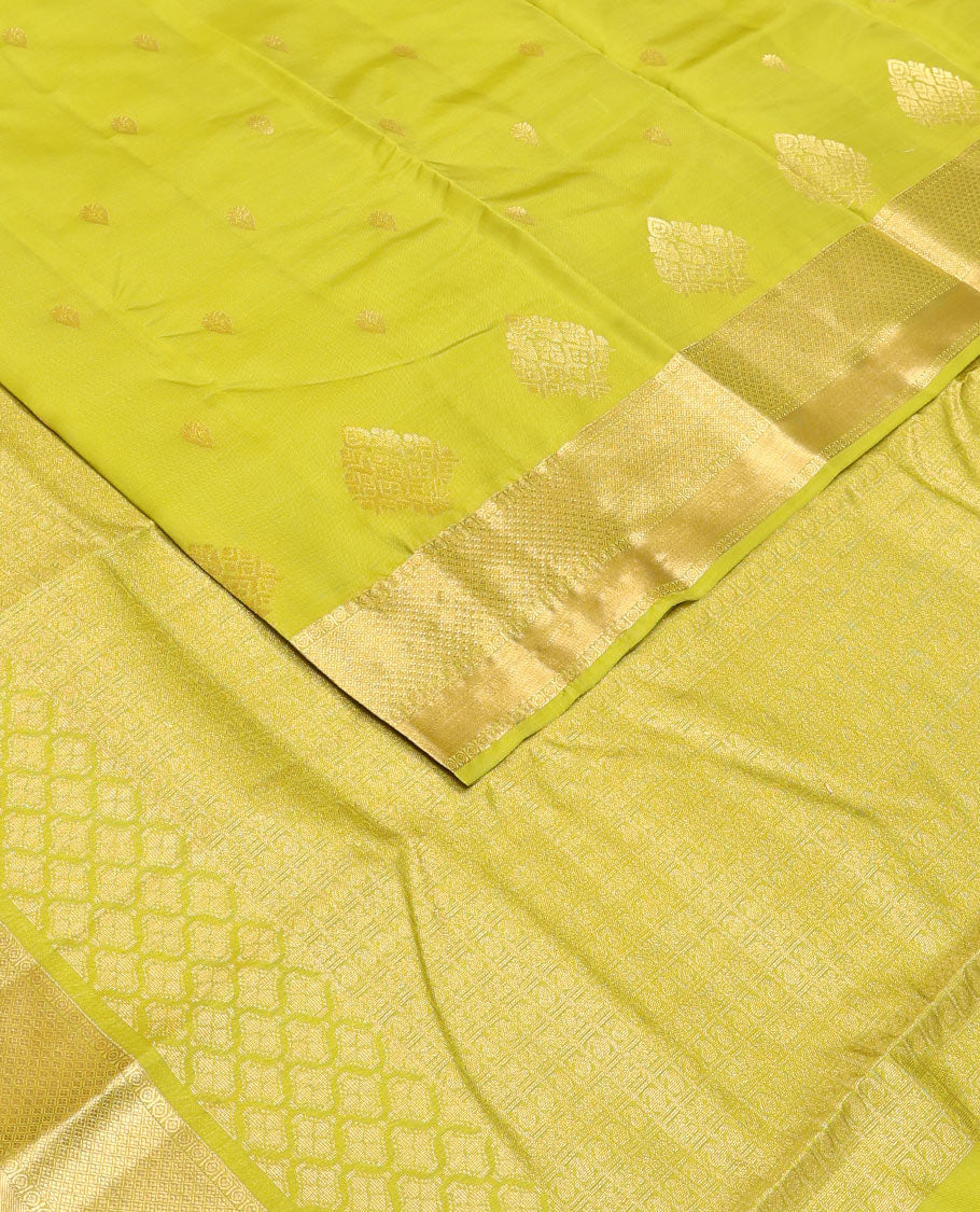 Light green zari buttas Vasundhara silk mix saree, traditional zari border & butta enclosed checked pallu