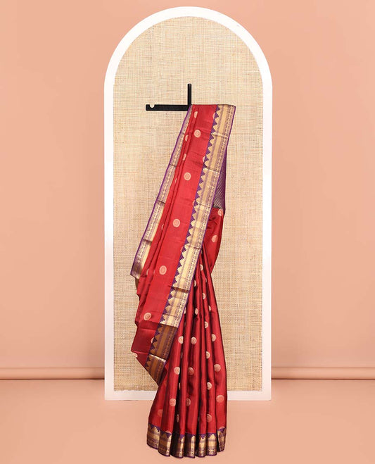 Red Vasundhara Lite Silk Mix Saree, Artfully Woven with Chakram Buttas All Over Its Body, Complemented by a Contrast Border of Thazampoo Rekku, Paisa, Neli, Mayil Kann, and Rudraksham Designs, Pallu of Geometric Patterns, and Paired with a Contrast Blouse