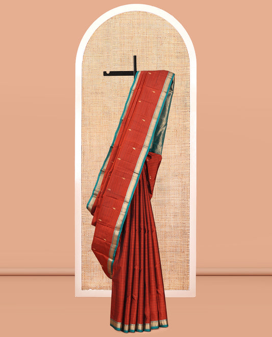 Rust Vasundhara Lite Silk Mix Saree, Graced with Zari Buttas, a Contrast Traditional Zari Border, Grand Pallu, and a Contrast Blouse