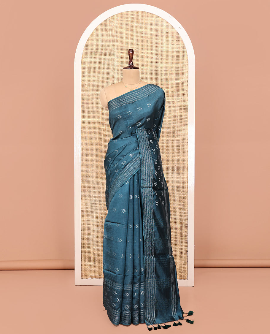 Blue Banana Pith Saree, Finely Crafted with Buttas All Over Its Body, Subtle Self-Border of Stripes and Buttas, Pallu Steeped with Stripes, and Paired with a Matching Blouse