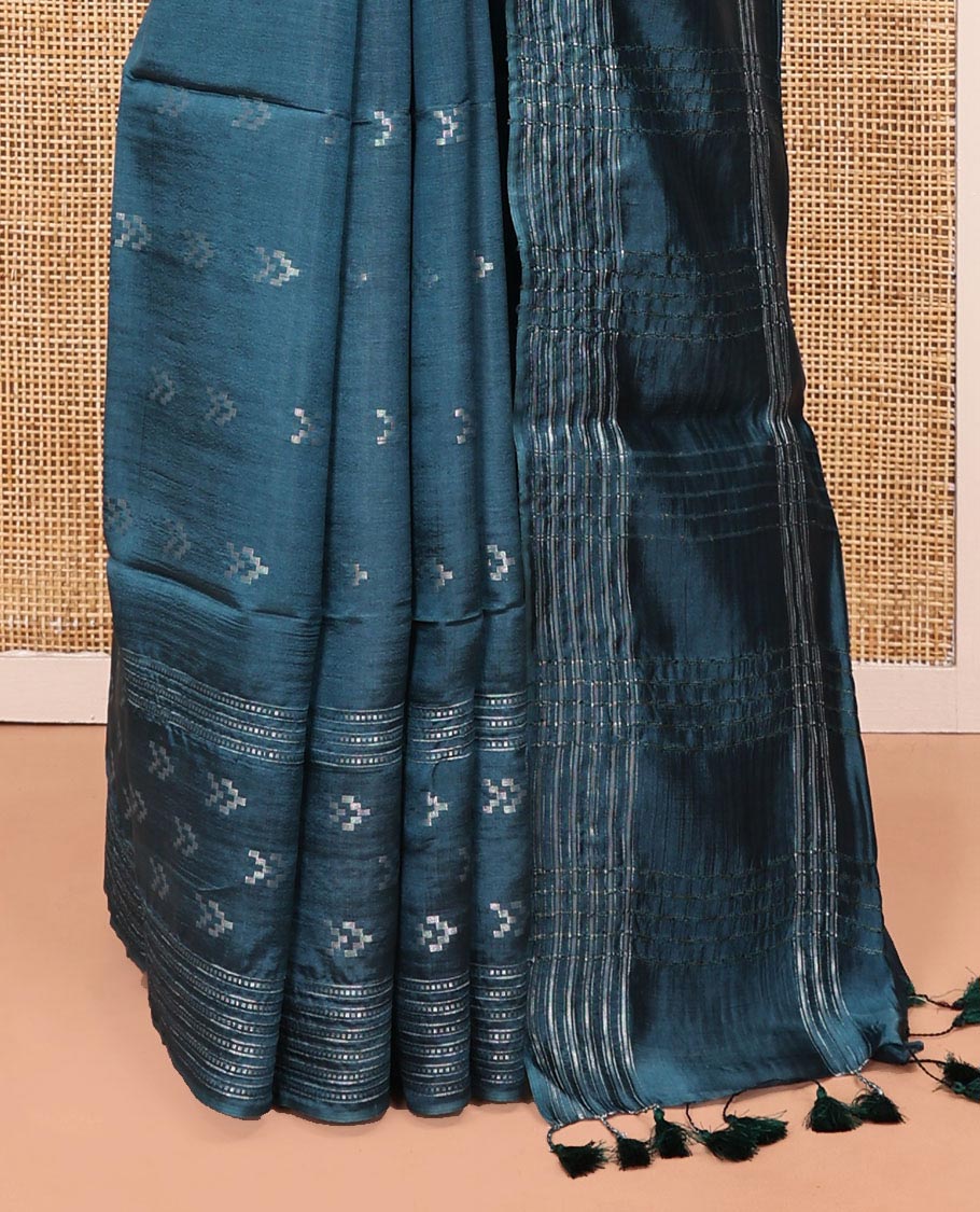 Blue Banana Pith Saree, Finely Crafted with Buttas All Over Its Body, Subtle Self-Border of Stripes and Buttas, Pallu Steeped with Stripes, and Paired with a Matching Blouse