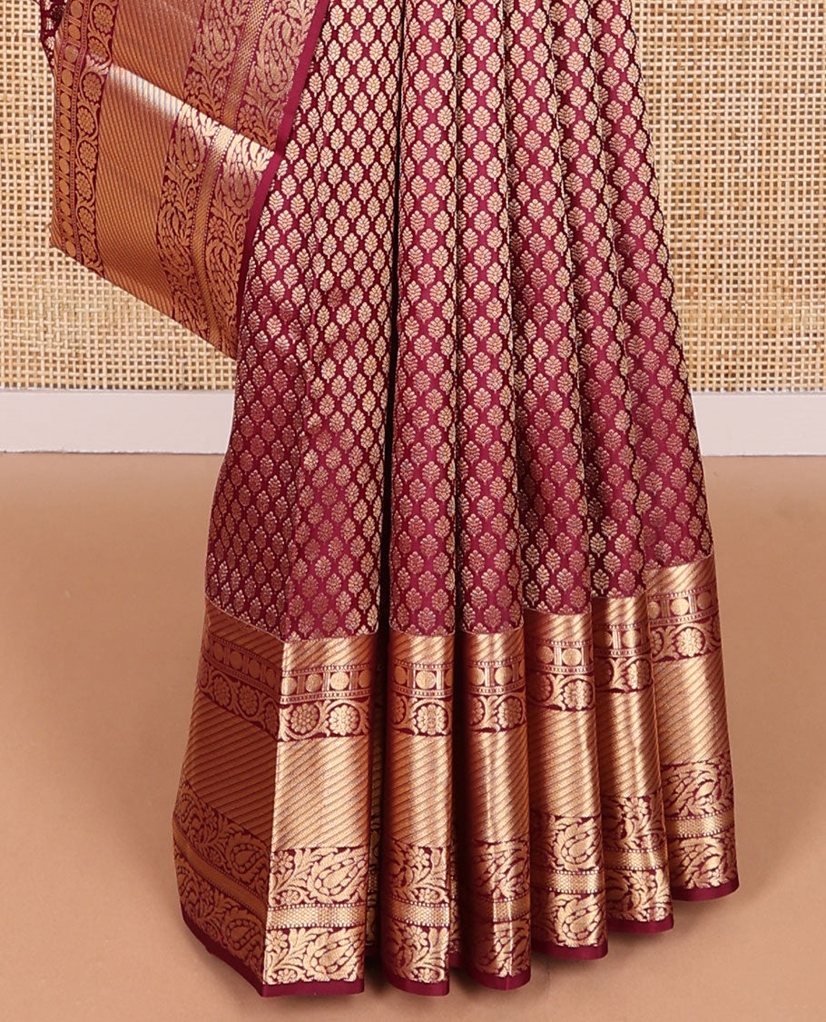 Maroon jaal design kancheepuram silk saree with self border of paun, muthu, kuyil kann design & floral pallu