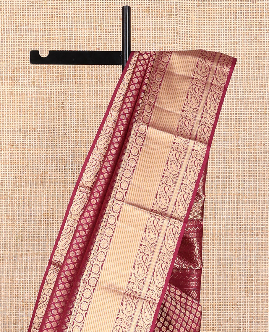 Maroon jaal design kancheepuram silk saree with self border of paun, muthu, kuyil kann design & floral pallu
