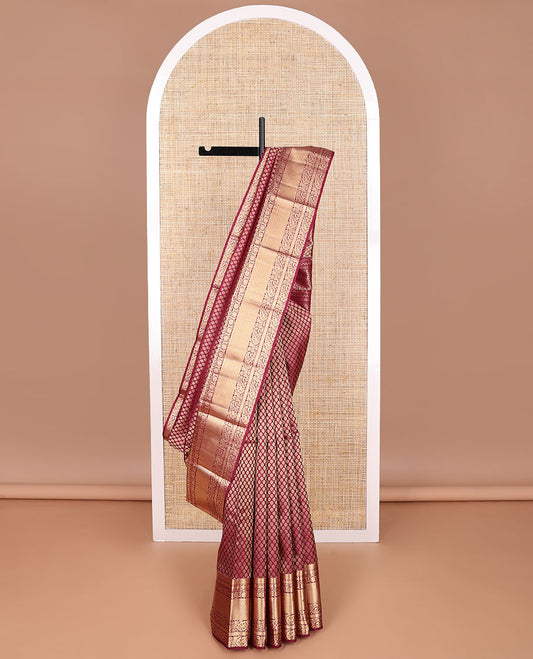 Maroon jaal design kancheepuram silk saree with self border of paun, muthu, kuyil kann design & floral pallu