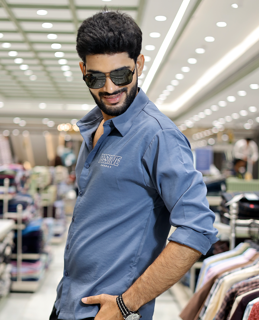 Blue Poly-Blended Back Flap Casual Shirt