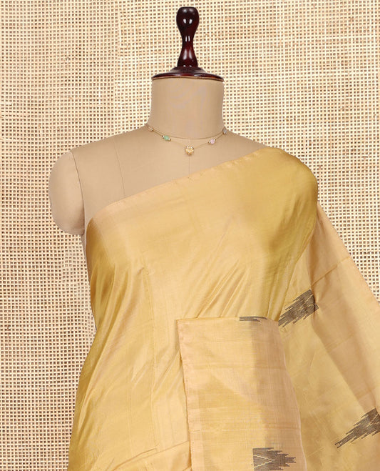 Borderless Sandal Banana Pith Saree, Woven with Temple Buttas, a Contrast Pallu of Stripes and Temple Design, and a Contrast Blouse