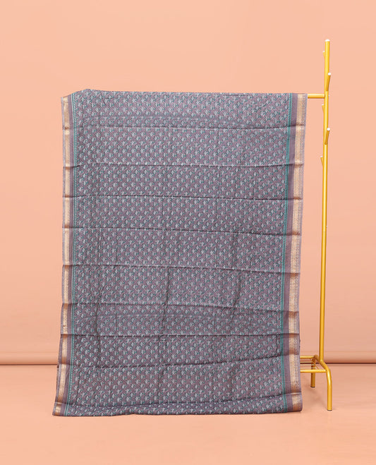 Grey Kanchi Cotton Saree, Bedecked with Floral Motifs Printed All Over Its Body, a Subtle Traditional Temple Border, Pallu of Floral Print, and Paired with a Matching Blouse