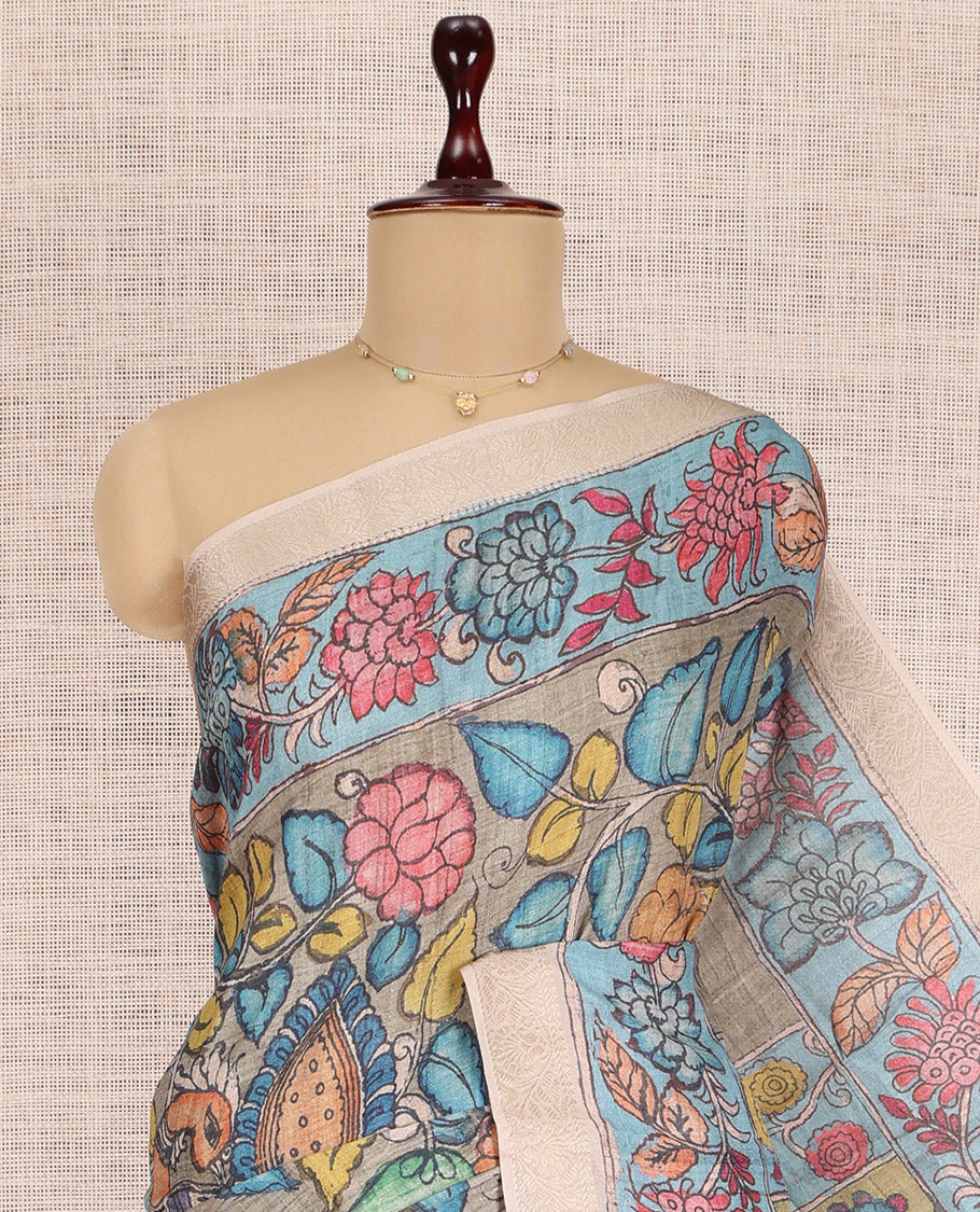 Grey Kalamkari Printed Fancy Tussar Saree