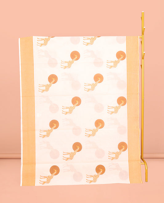 Cream Kerala Cotton Saree, Elevated with Sun and Giraffe Motifs, a Subtle Striped Border, and a Matching Blouse