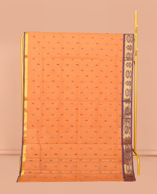 Orange Venkatagiri Cotton Saree, Graced with Buttas, a Contrast Floral Design Zari Border, Pallu of Buttas and Stripes, and No Blouse