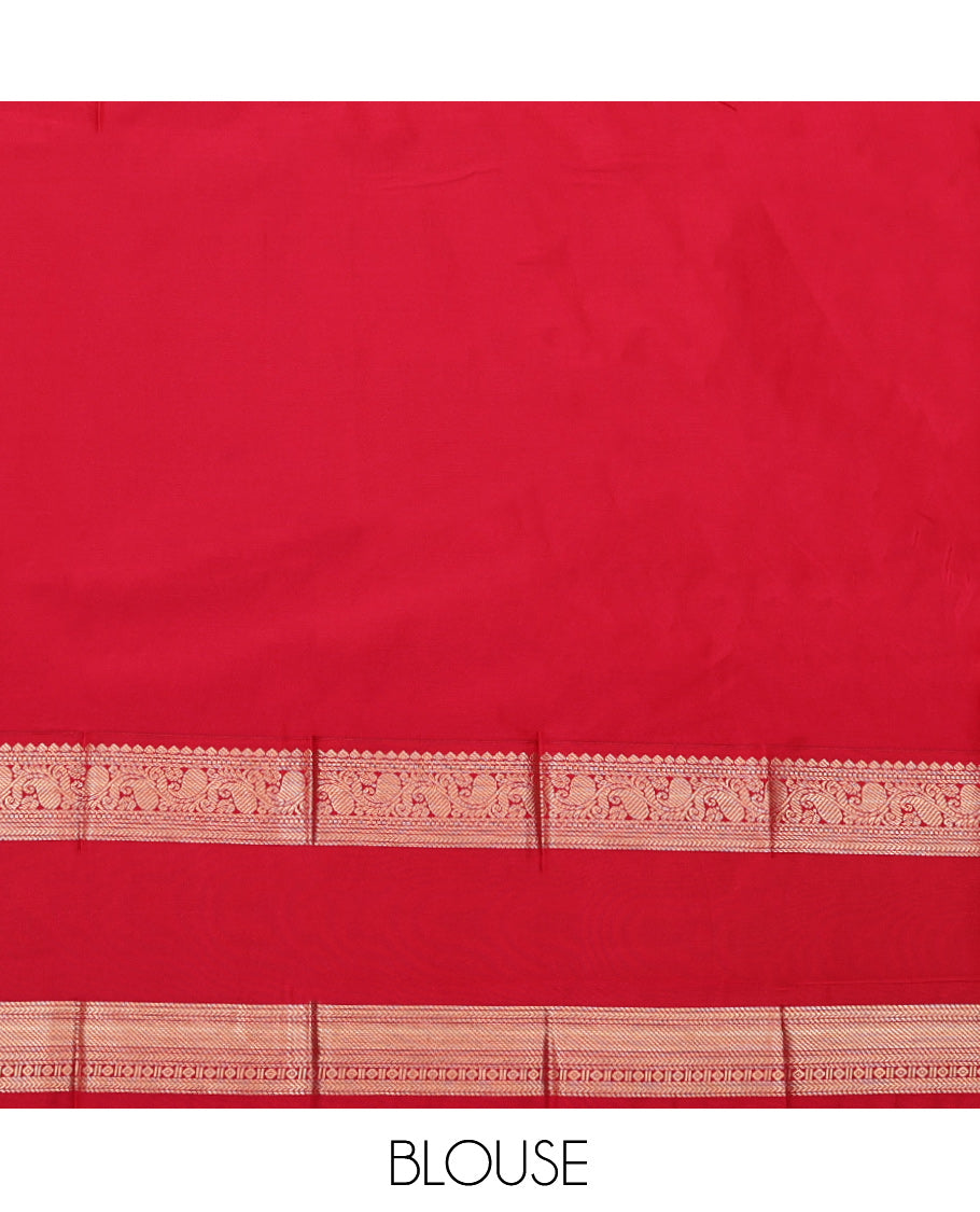 Green Budget Silk Saree, Subtly Sparkled with Zari Buttas, Complemented by a Contrast Traditional Zari Rettai Pettu Border, Jaal Pallu, and a Contrast Blouse