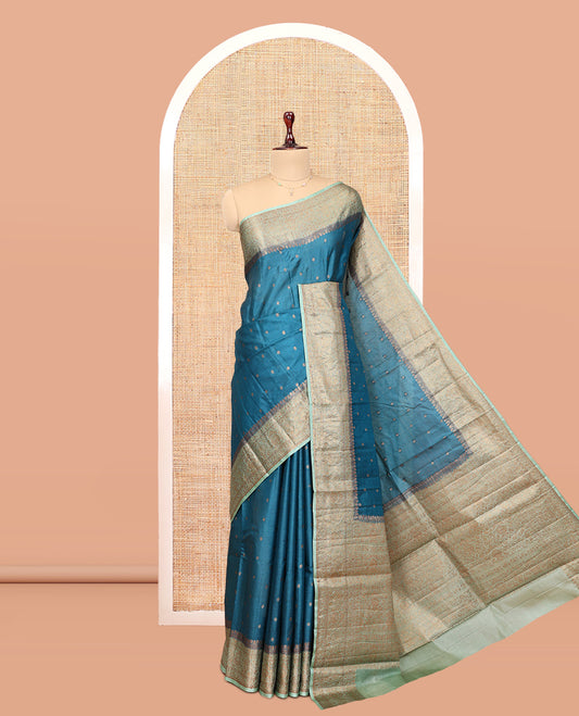 Blue Tussar Silk Saree, Woven with Zari Buttas, a Contrast Traditional Zari Border, Grand Pallu, and a Contrast Blouse