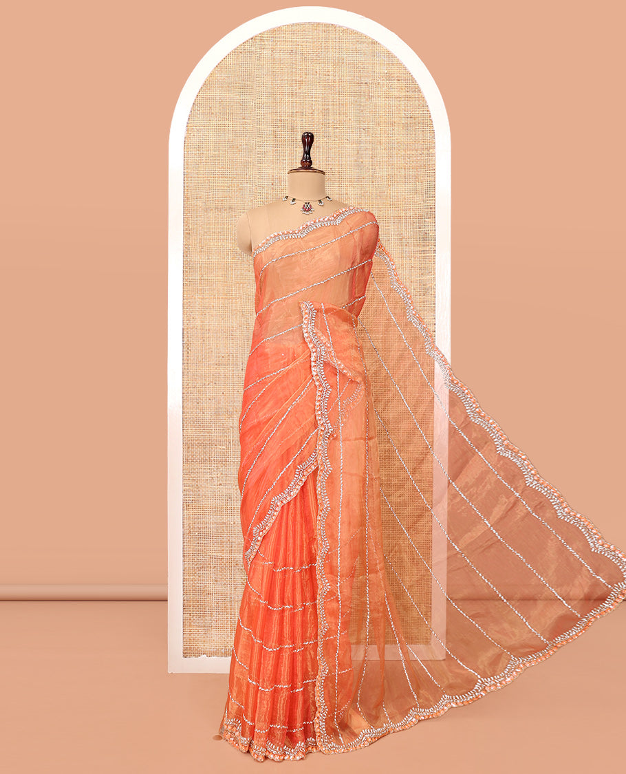 Dusky Peach Stone-Kardana Work Organza Designer Saree with a Scallop Embroidery Border, Matching Blouse