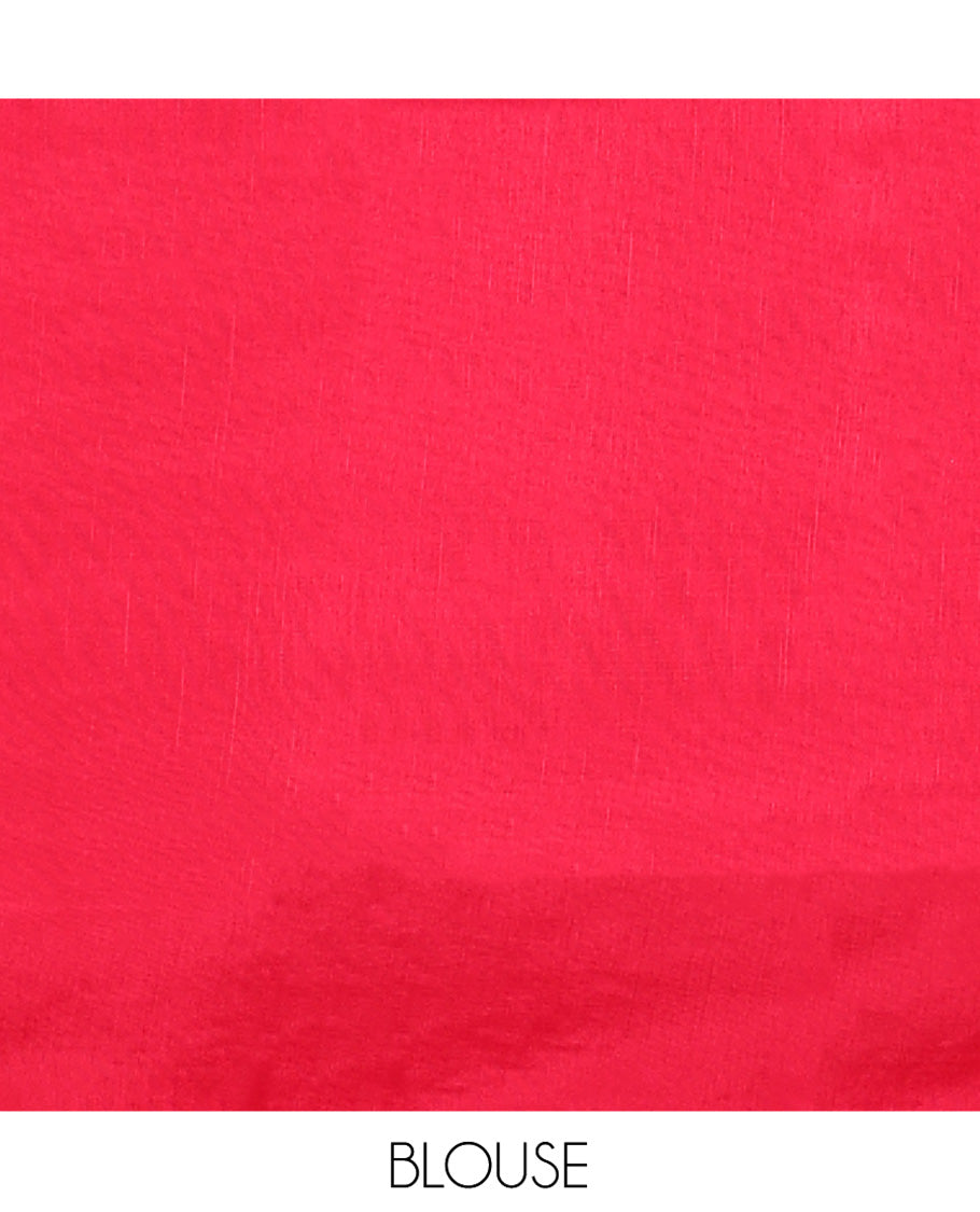 Red Matka Silk Saree, Prettified with Peacock Butta Enclosed Checks on Its Body, Highlighted by a Floral Creeper Design Border, Grand Pallu of Jaal Designs, and Paired with a Matching Blouse