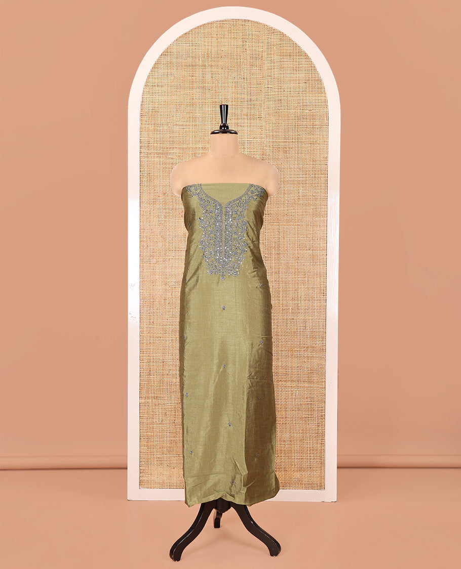 Olive Green Vichitra Silk Material Chudidar Set, Woven with Embroidered Top, a Plain Santoon Bottom, and Paired with a Matching Vichitra Silk Embroidered Scallop Dupatta