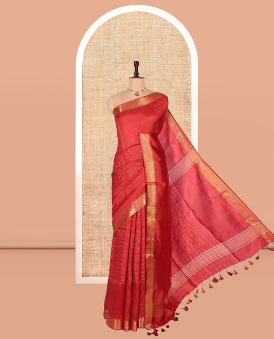 Red Banana Pith Saree, Highlighted  with Checks and Buttas, a Zari Temple Border, Striped Pallu, and Matching Blouse