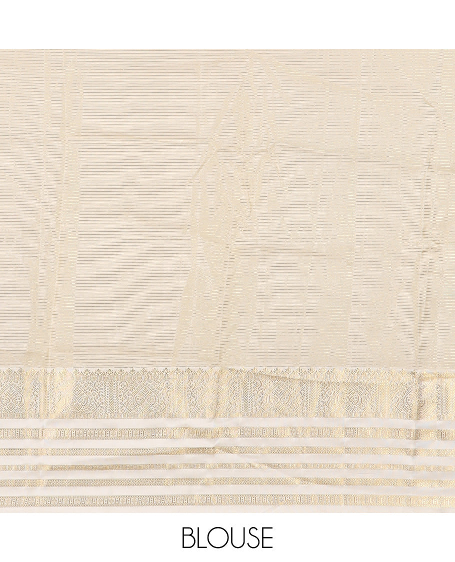 Purple zari checked and zari buttas silk saree, contrast varisai pettu border of jaal, muthu, neli, and rudraksham motifs