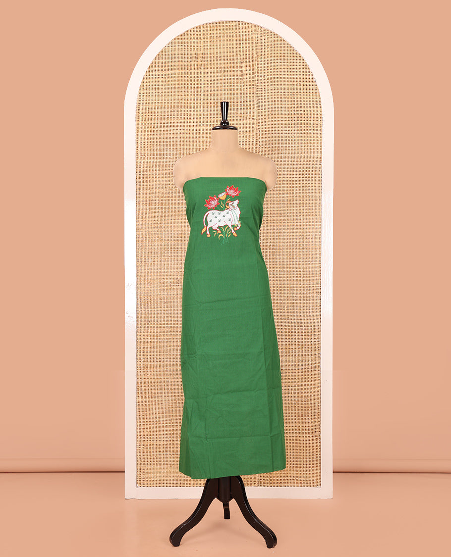 Green Material Chudidar Set, Artfully Woven with Pichwai Cow Motifs Embroidered Cotton Top, Complemented by a Contrast Plain Cotton Bottom, Paired with Pichwai Printed Dupatta