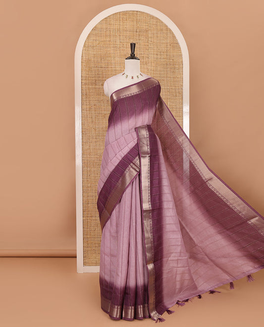 Light lavender  ombre vertical striped Manipuri tussar saree, contrast traditional zari border, striped pallu & running blouse