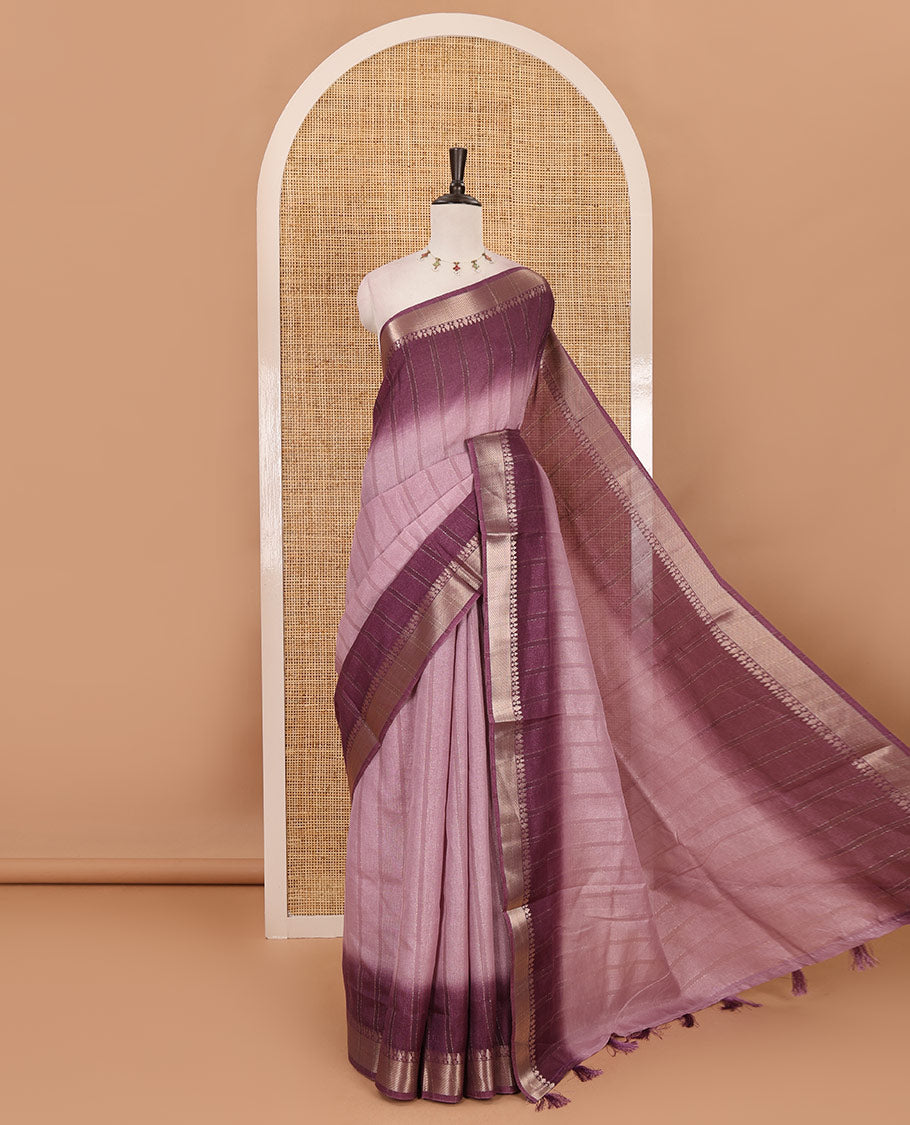 Light lavender  ombre vertical striped Manipuri tussar saree, contrast traditional zari border, striped pallu & running blouse