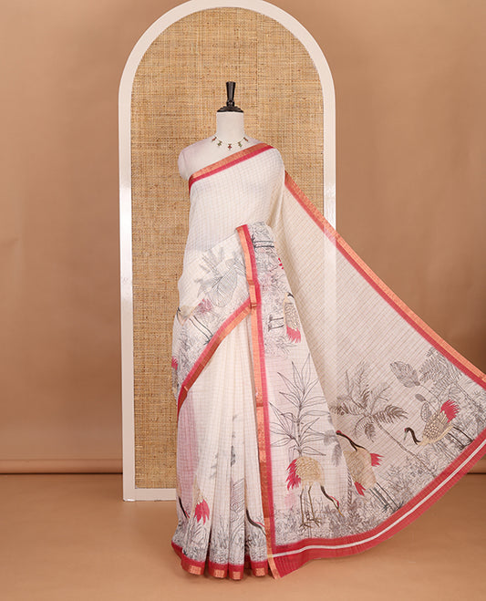 White with pink zari checks linen saree with contrast border and unique designs of pallu along with contrast plain blouse